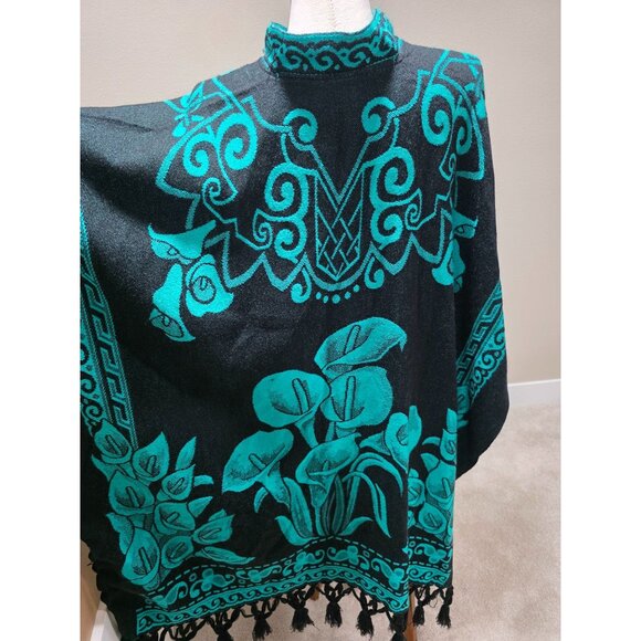 Vintage Mexican Poncho Black & Teal Floral Embroidered Wool Blend One Size Fits - Picture 4 of 8